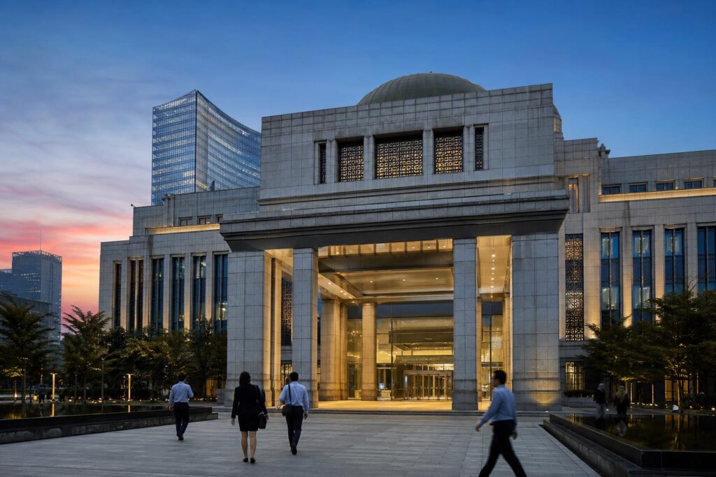 Gedung bank sentral dengan suasana sore sebagai ilustrasi keputusan suku bunga Bank Indonesia
