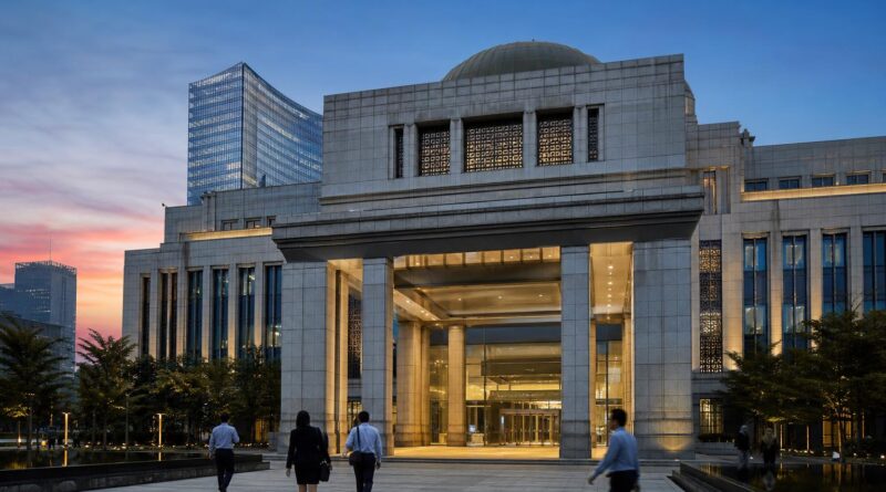 Gedung bank sentral dengan suasana sore sebagai ilustrasi keputusan suku bunga Bank Indonesia