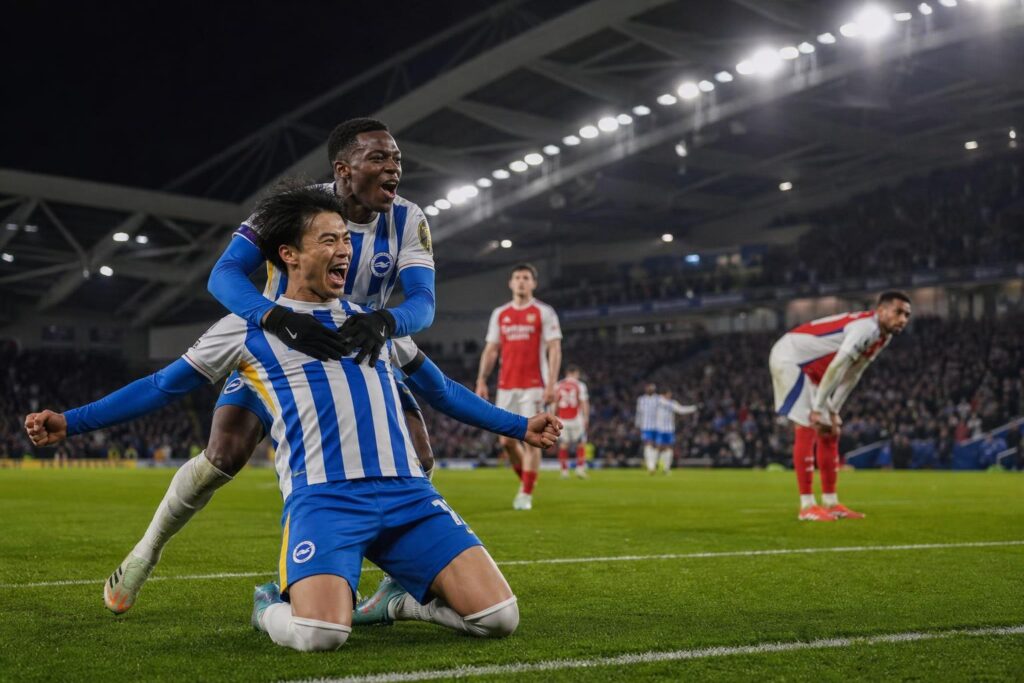 Pemain Brighton merayakan kemenangan atas Arsenal dalam pertandingan Premier League di Amex Stadium
