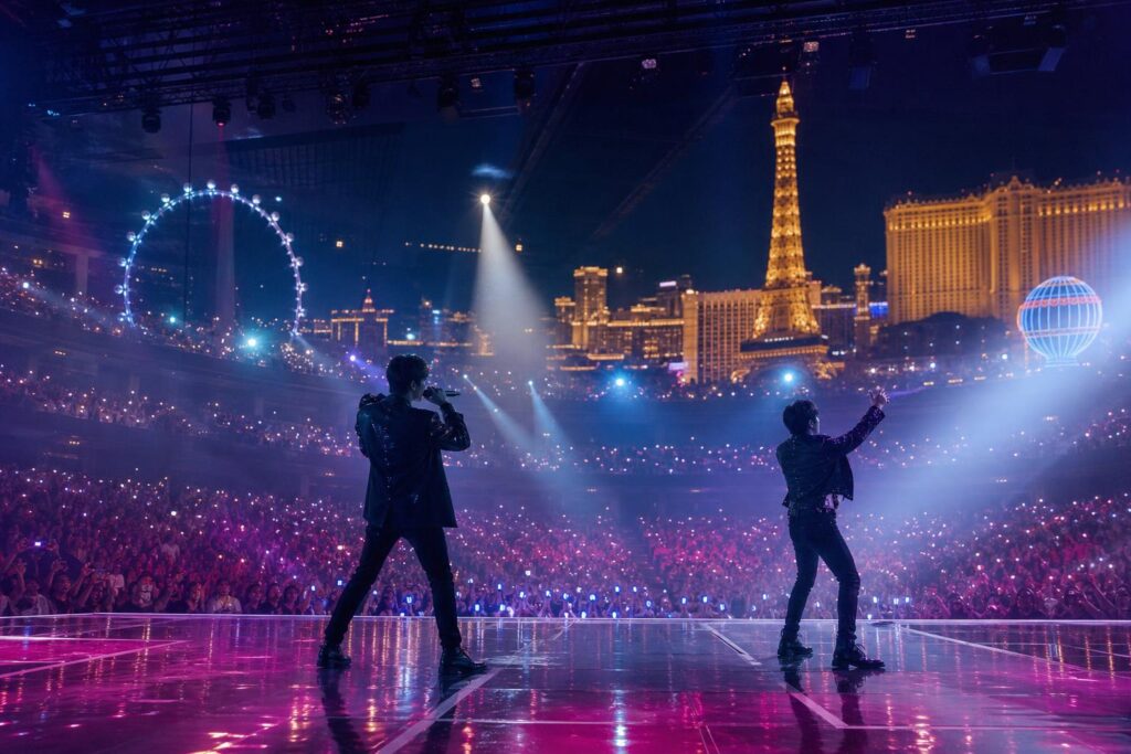 Panggung festival musik di arena Las Vegas dengan siluet dua penampil dan kerumunan penonton di bawah cahaya biru serta magenta