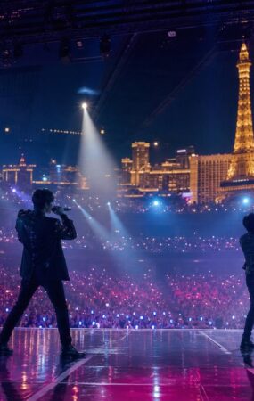 Panggung festival musik di arena Las Vegas dengan siluet dua penampil dan kerumunan penonton di bawah cahaya biru serta magenta