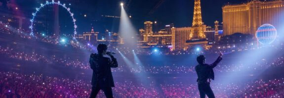 Panggung festival musik di arena Las Vegas dengan siluet dua penampil dan kerumunan penonton di bawah cahaya biru serta magenta