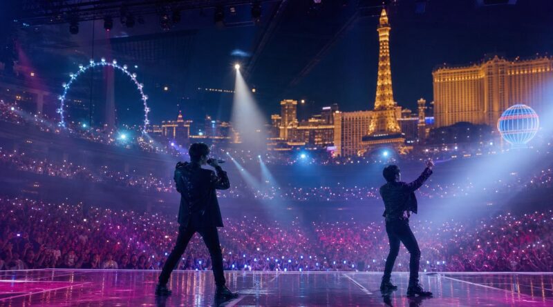 Panggung festival musik di arena Las Vegas dengan siluet dua penampil dan kerumunan penonton di bawah cahaya biru serta magenta