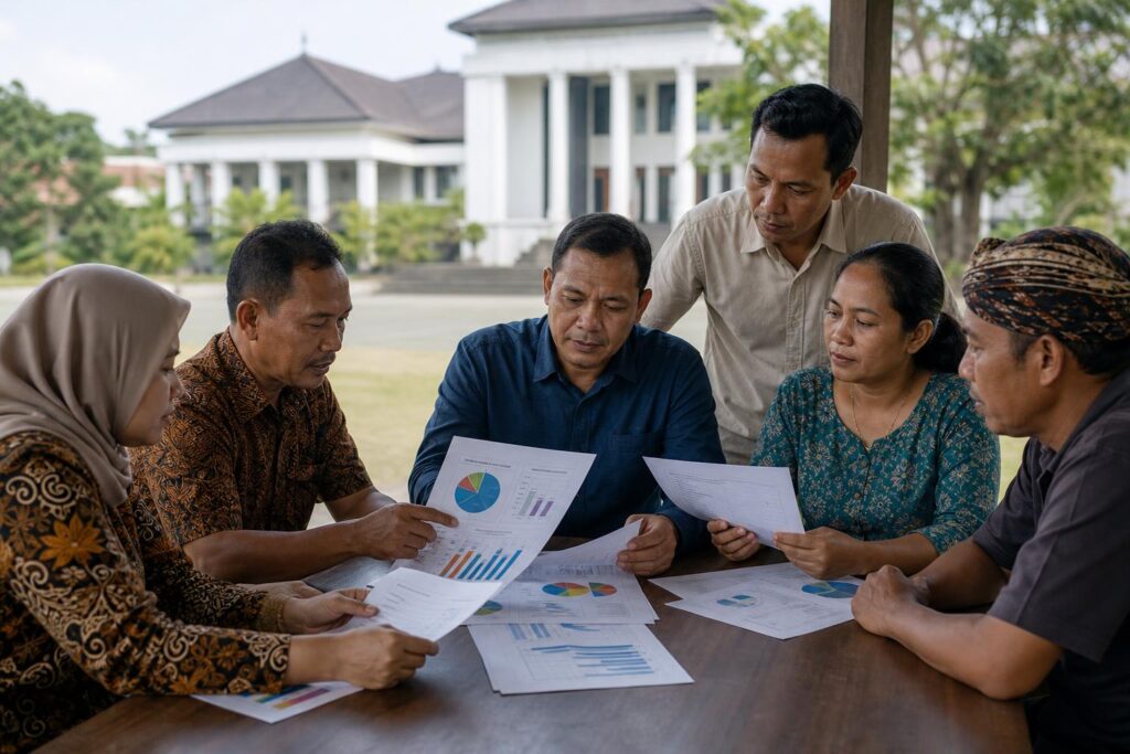 Warga memeriksa dokumen dan grafik anggaran daerah dalam diskusi komunitas