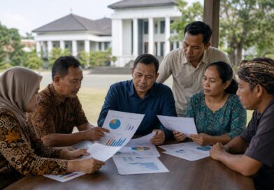 Warga memeriksa dokumen dan grafik anggaran daerah dalam diskusi komunitas