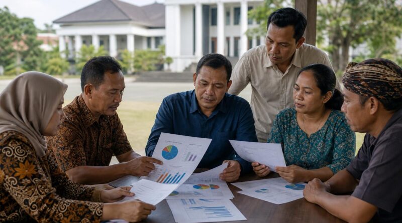 Warga memeriksa dokumen dan grafik anggaran daerah dalam diskusi komunitas