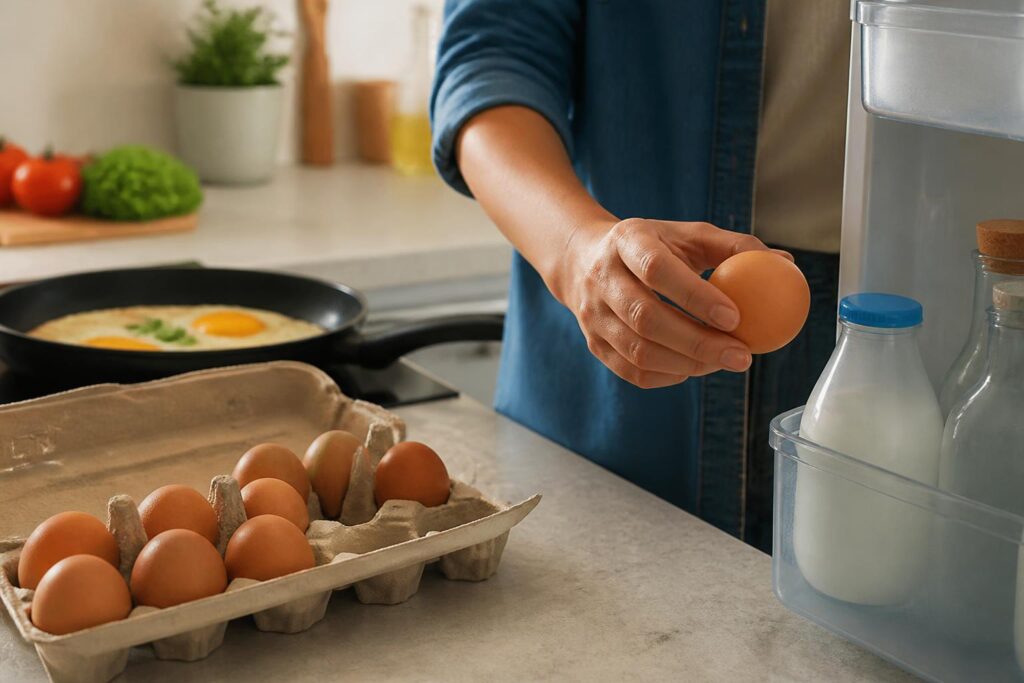 Karton telur dan hidangan telur matang di dapur yang bersih