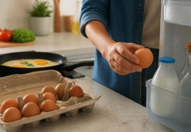Karton telur dan hidangan telur matang di dapur yang bersih
