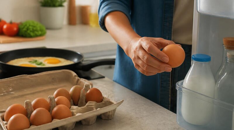 Karton telur dan hidangan telur matang di dapur yang bersih