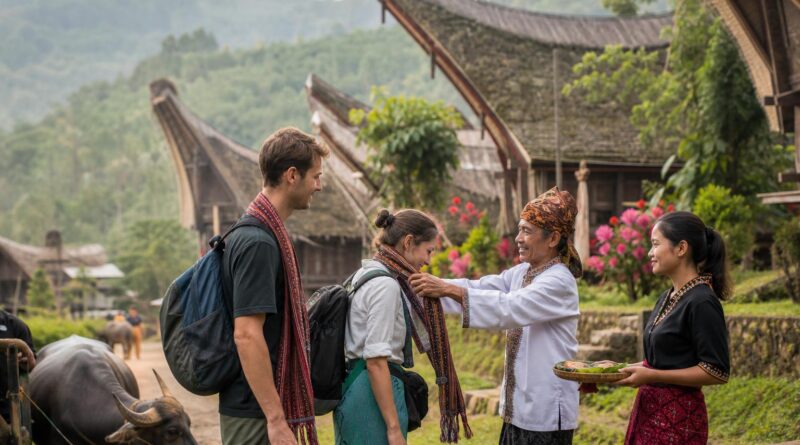 Wisatawan berinteraksi dengan warga di lingkungan desa wisata yang asri dan bersih