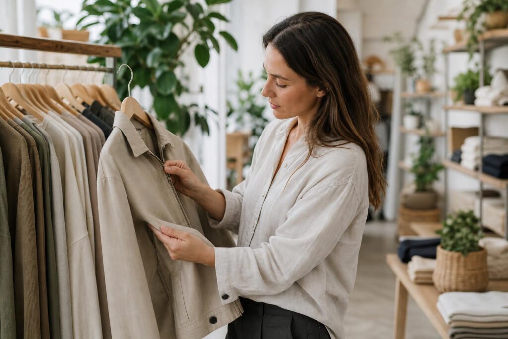 Seseorang memeriksa jahitan, ritsleting, dan bahan pakaian di butik
