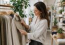 Seseorang memeriksa jahitan, ritsleting, dan bahan pakaian di butik