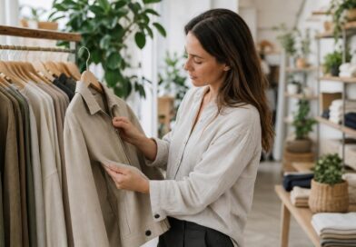 Seseorang memeriksa jahitan, ritsleting, dan bahan pakaian di butik