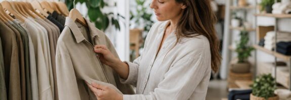 Seseorang memeriksa jahitan, ritsleting, dan bahan pakaian di butik