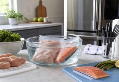 Kemasan makanan beku dicairkan dalam wadah berisi air dingin di dapur yang bersih