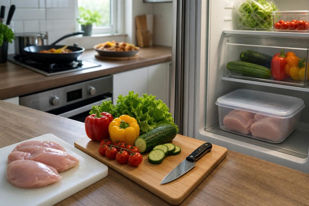 Dapur bersih dengan talenan terpisah, wadah bahan mentah tertutup di rak bawah kulkas, dan makanan matang