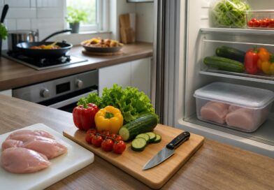 Dapur bersih dengan talenan terpisah, wadah bahan mentah tertutup di rak bawah kulkas, dan makanan matang