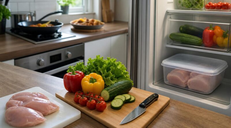 Dapur bersih dengan talenan terpisah, wadah bahan mentah tertutup di rak bawah kulkas, dan makanan matang