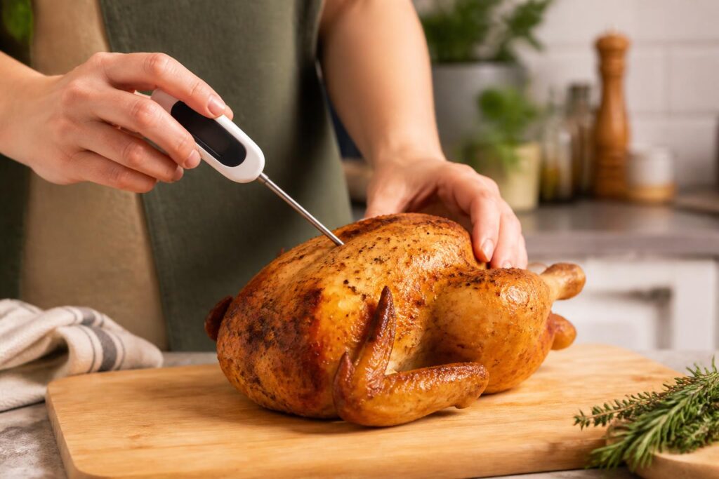 Termometer makanan dimasukkan ke bagian tebal ayam panggang untuk memeriksa suhu internal