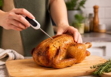 Termometer makanan dimasukkan ke bagian tebal ayam panggang untuk memeriksa suhu internal
