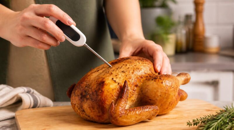 Termometer makanan dimasukkan ke bagian tebal ayam panggang untuk memeriksa suhu internal