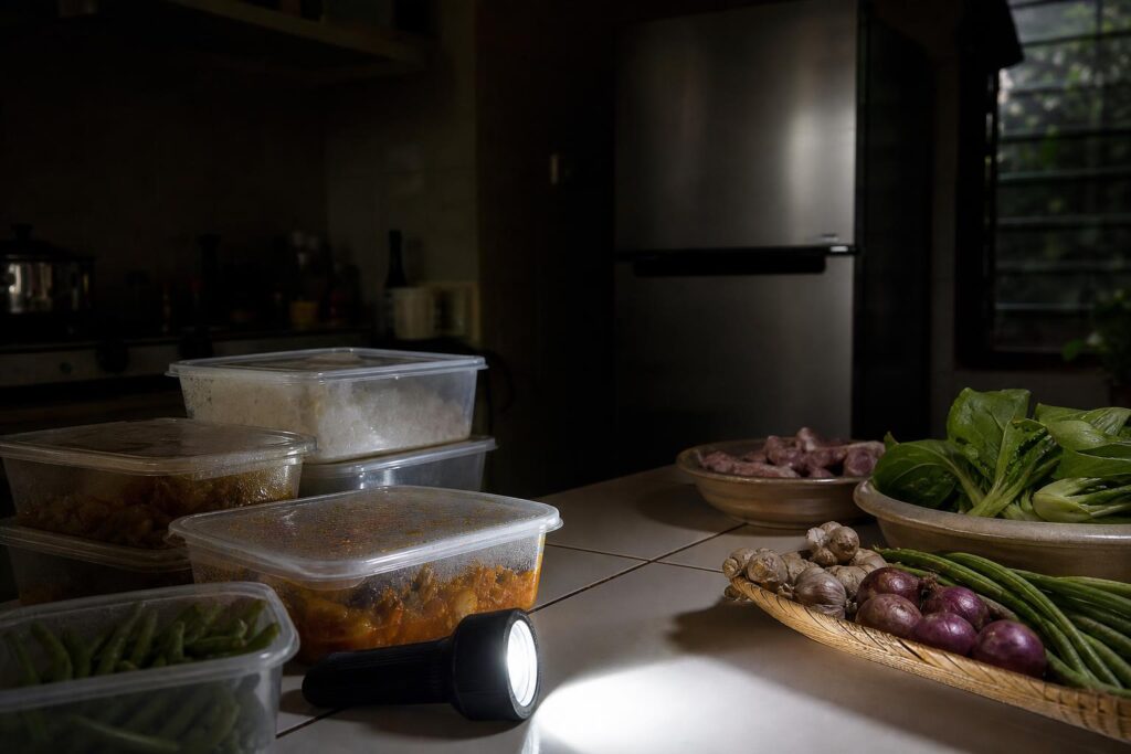 Wadah makanan tertutup dan bahan makanan terpisah di dapur saat listrik padam
