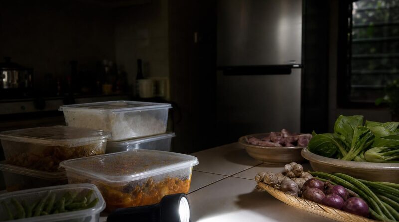 Wadah makanan tertutup dan bahan makanan terpisah di dapur saat listrik padam