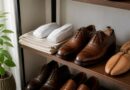 Sepatu bersih disimpan di rak berventilasi dengan penyangga bentuk dan kertas bersih