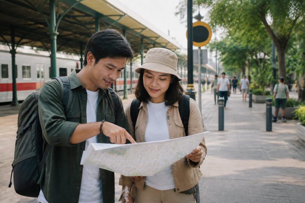 Wisatawan membawa ransel dan merencanakan perjalanan dekat stasiun dengan suasana jalan yang ramah pejalan kaki