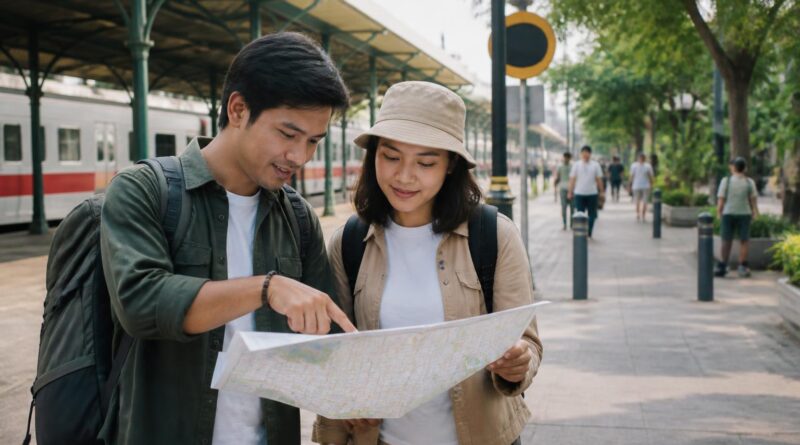Wisatawan membawa ransel dan merencanakan perjalanan dekat stasiun dengan suasana jalan yang ramah pejalan kaki
