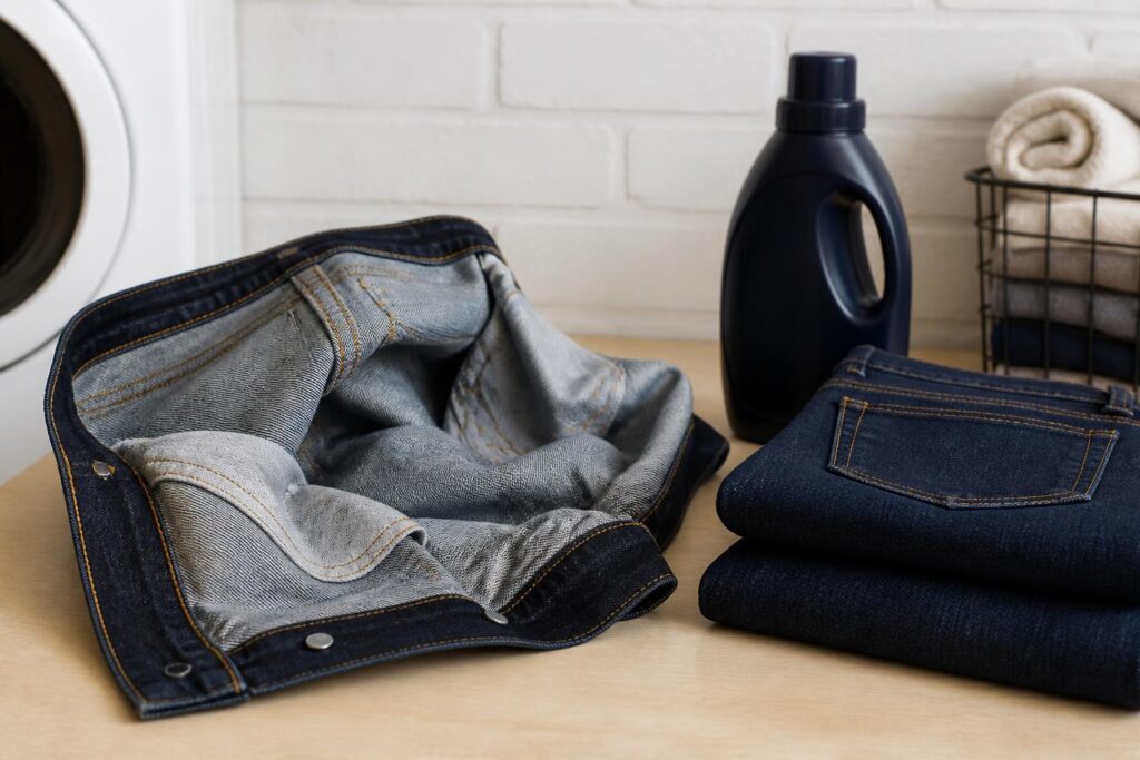 Celana denim biru gelap yang dibalik dan disiapkan untuk dicuci di area laundry
