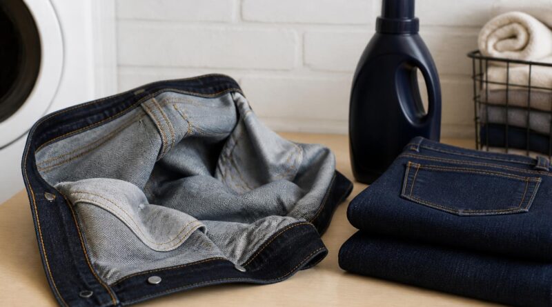 Celana denim biru gelap yang dibalik dan disiapkan untuk dicuci di area laundry