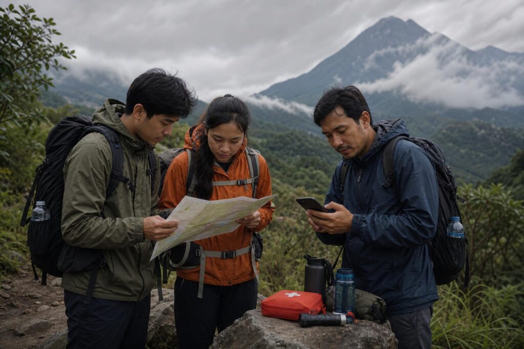 Wisatawan memeriksa peta dan perlengkapan keselamatan sebelum memasuki jalur alam
