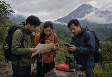 Wisatawan memeriksa peta dan perlengkapan keselamatan sebelum memasuki jalur alam