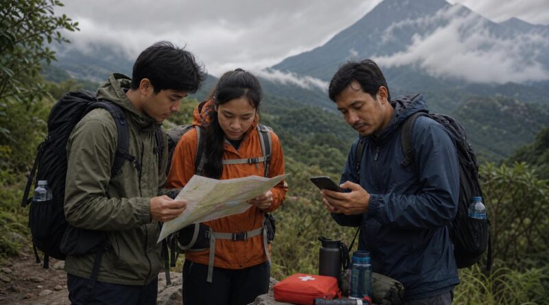 Wisatawan memeriksa peta dan perlengkapan keselamatan sebelum memasuki jalur alam