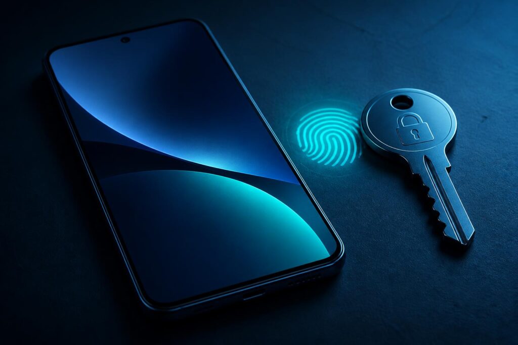 Ponsel Android dengan ilustrasi kunci digital dan simbol autentikasi biometrik