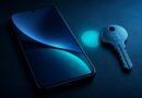 Ponsel Android dengan ilustrasi kunci digital dan simbol autentikasi biometrik