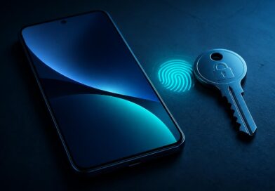 Ponsel Android dengan ilustrasi kunci digital dan simbol autentikasi biometrik