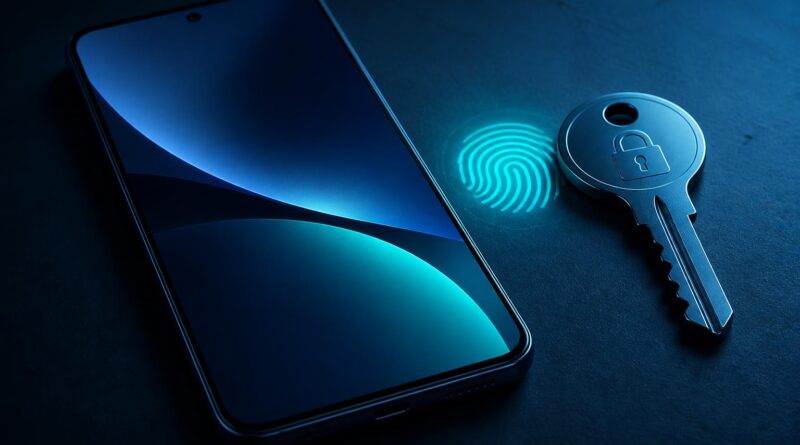 Ponsel Android dengan ilustrasi kunci digital dan simbol autentikasi biometrik