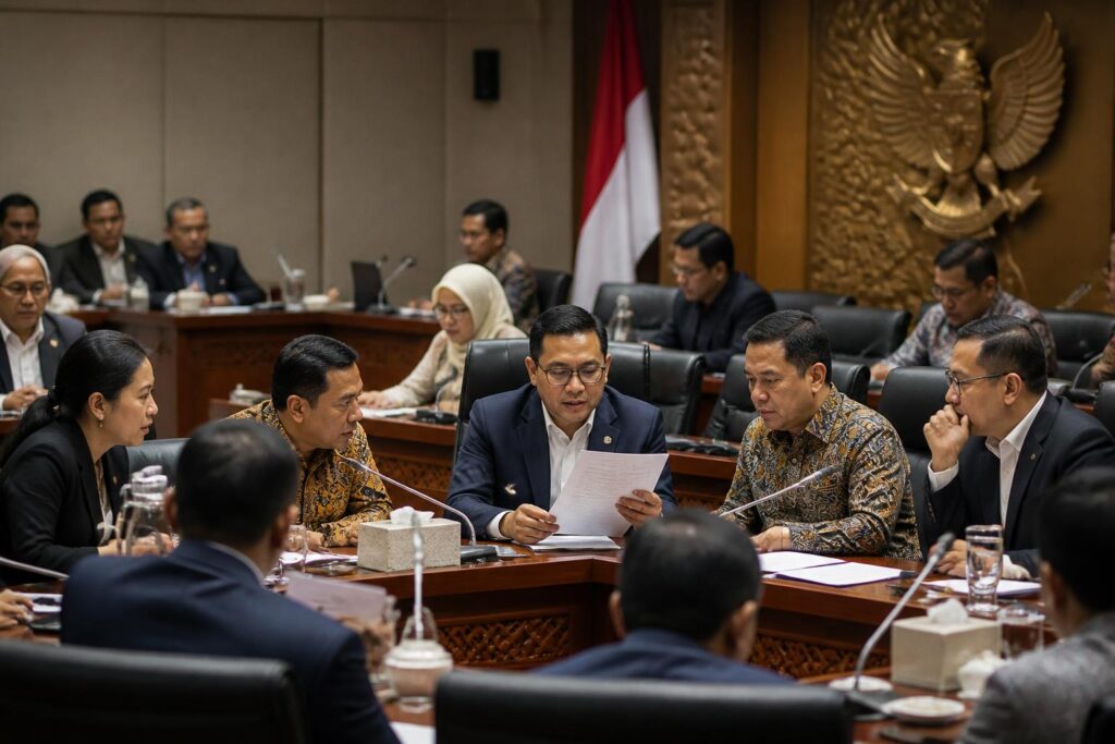 Perwakilan partai politik membahas dokumen revisi undang-undang pemilu dalam ruang rapat formal