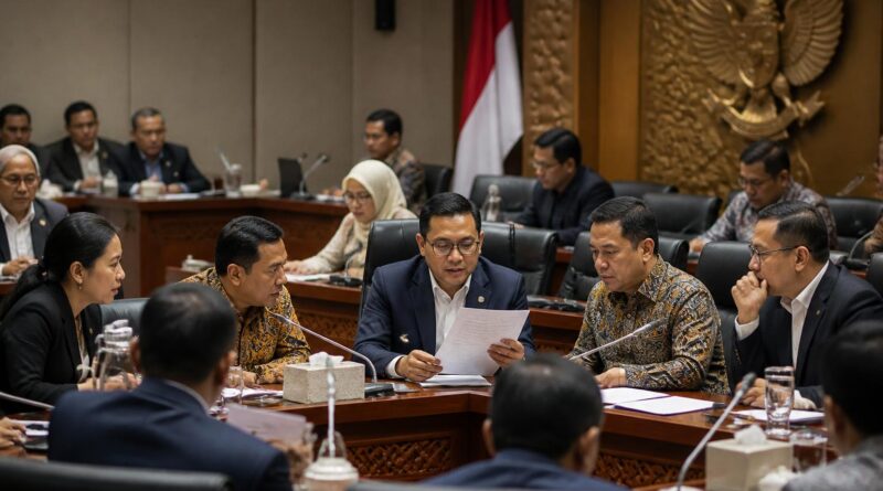 Perwakilan partai politik membahas dokumen revisi undang-undang pemilu dalam ruang rapat formal