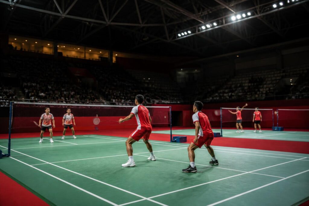 Suasana arena bulu tangkis menjelang final Asian Games 2026 dengan pemain Indonesia bersiap di lapangan