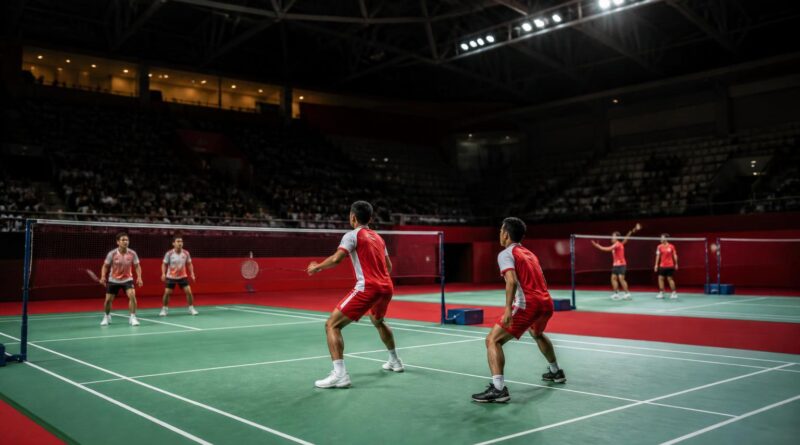 Suasana arena bulu tangkis menjelang final Asian Games 2026 dengan pemain Indonesia bersiap di lapangan