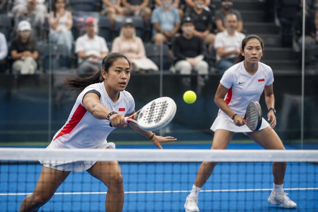 Dua atlet padel putri Indonesia bertanding di lapangan dalam ajang olahraga Asia