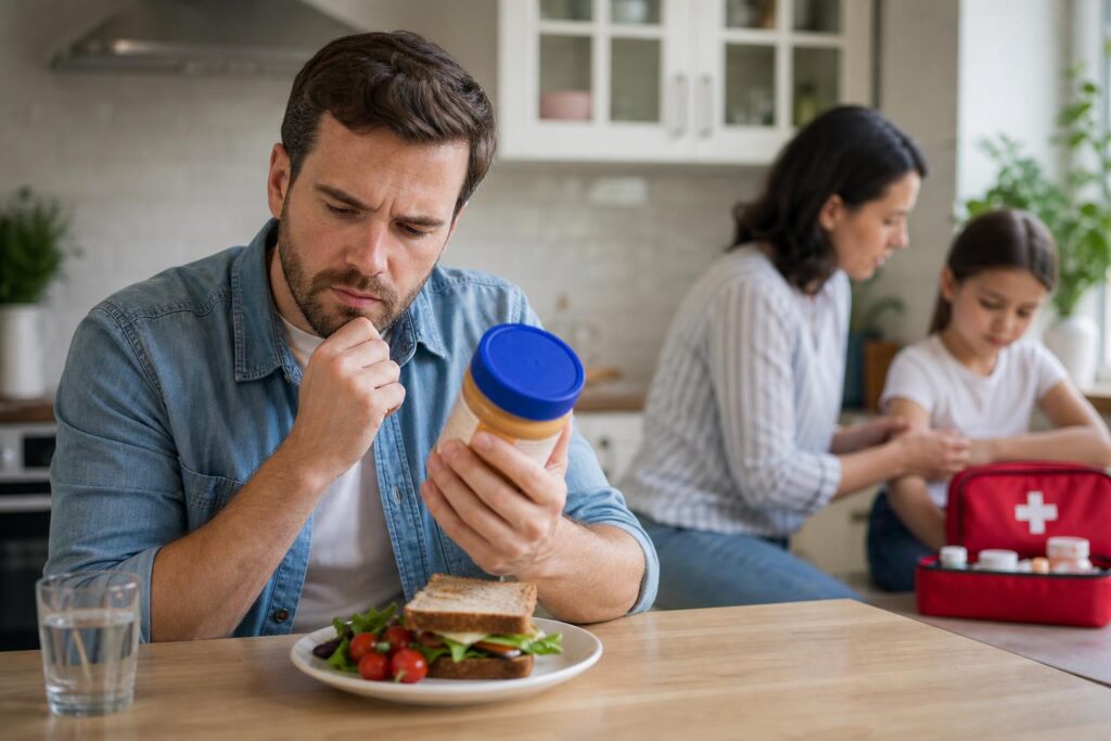 Seseorang memeriksa label bahan makanan di dapur untuk menghindari pemicu alergi