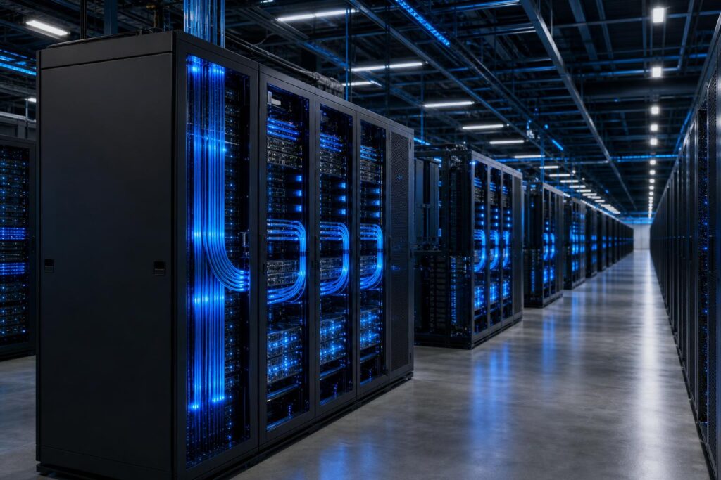 Deretan server pusat data AI dengan koneksi optik bercahaya biru