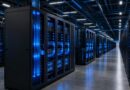 Deretan server pusat data AI dengan koneksi optik bercahaya biru