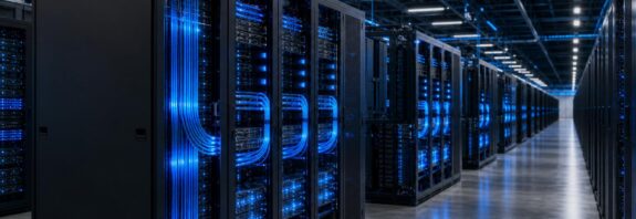 Deretan server pusat data AI dengan koneksi optik bercahaya biru
