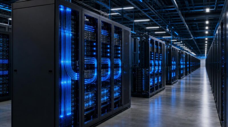 Deretan server pusat data AI dengan koneksi optik bercahaya biru