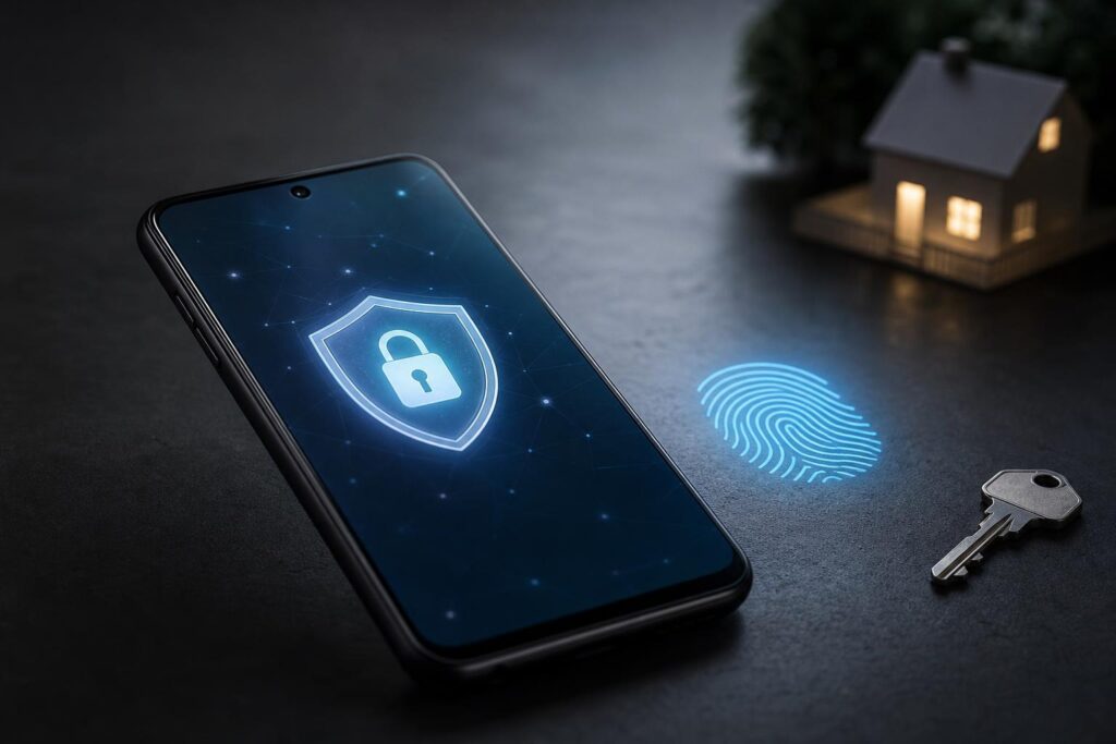 Ponsel Android dengan simbol biometrik dan kunci digital yang menggambarkan perlindungan akun serta passkey